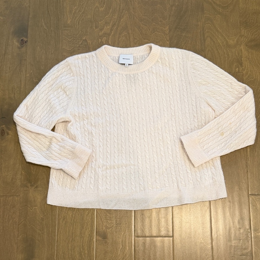 Reformation Cream Cable Knit Cashmere Crewneck Sweater